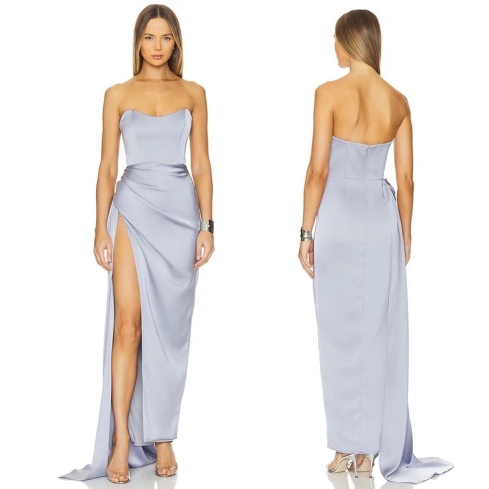 New Katie May Bita Strapless Satin Gown Corset Dress Slit Lavender Purple Sz XS